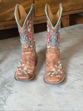 Macie Bean Brown Leather Cowboy Boots with Turquoise and Pink Embroidery